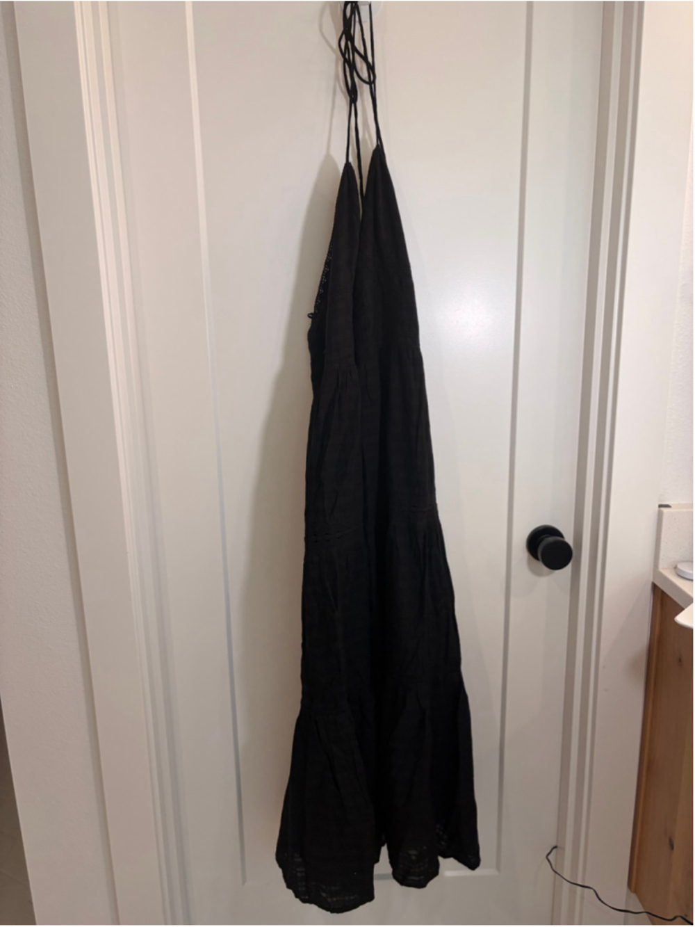 Reserved NWT Black Cotton Plaid Halter Tiered Maxi Dress Lace Inset Size Large